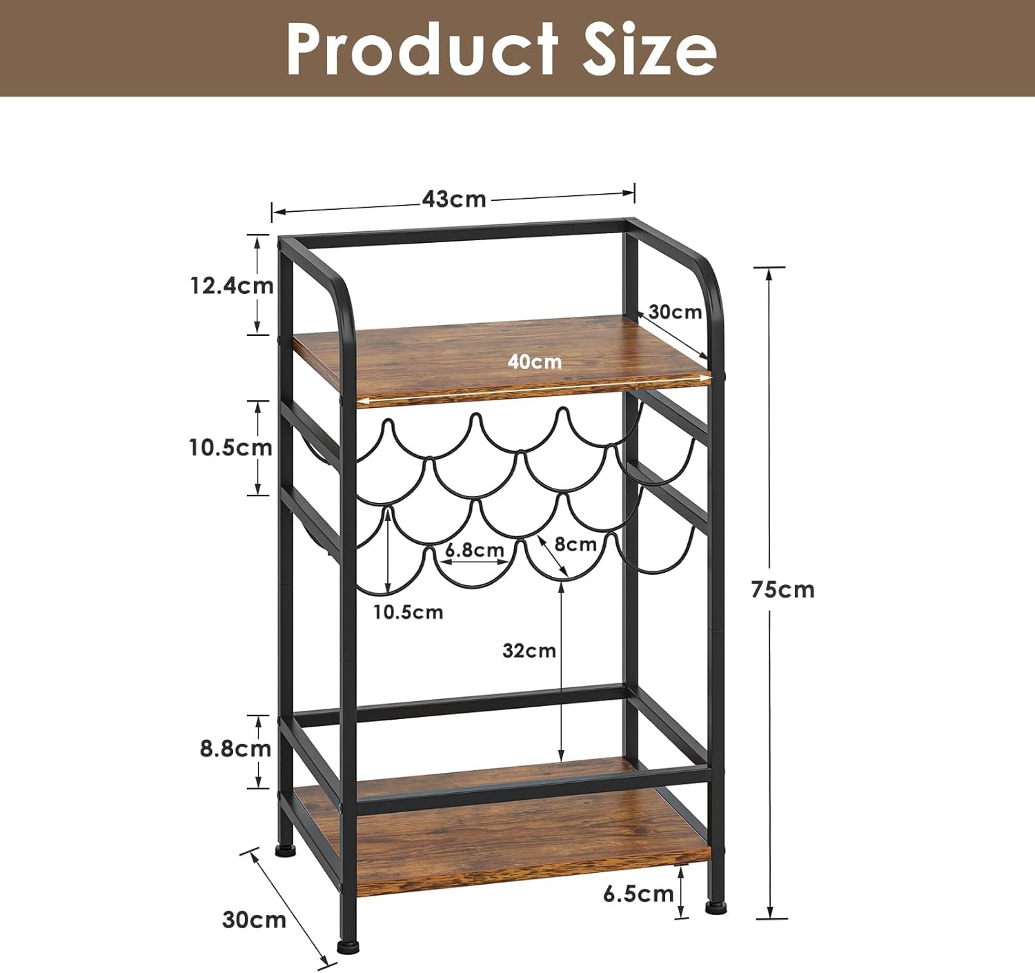 Dripex Étagère à vin à 4 étages - Petite étagère à Bouteilles pour 8 Bouteilles - Porte-Bouteilles autoportant avec Plateau de Table - pour Cave, Bar et Salle de Rangement -43 x 30 x 75 cm