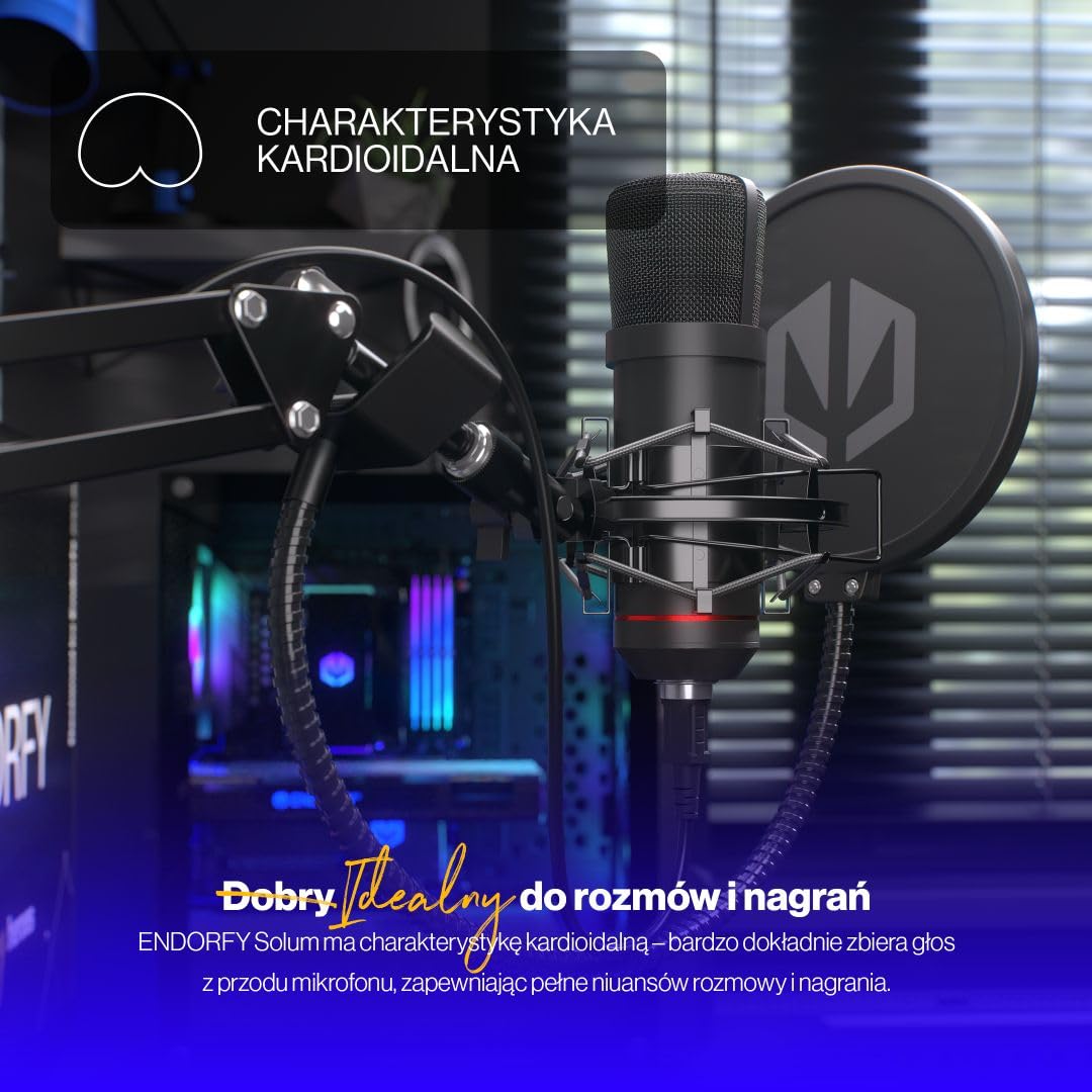ENDORFY Solum mikrofon pojemnościowy USB do streamingu i podcastów, kardioidalny, ramię studyjne, pop filtr, shock mount, mikrofon gamingowy PC Mac