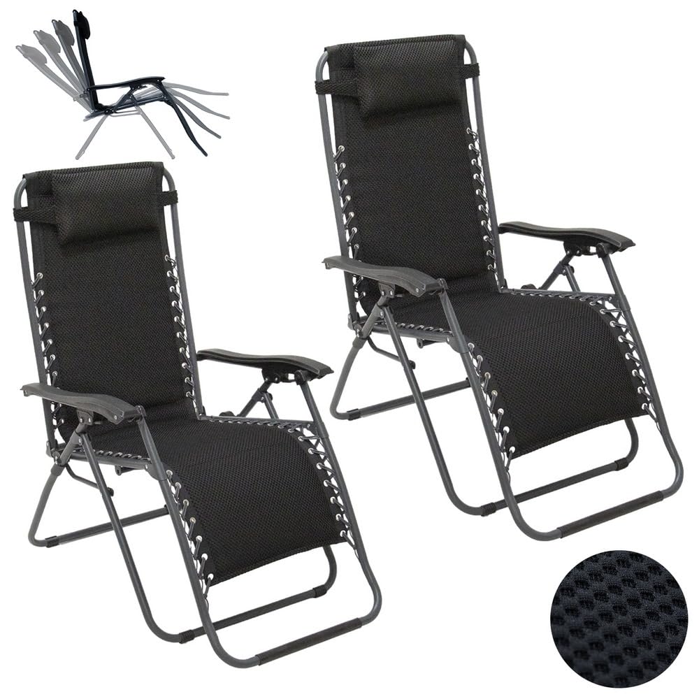 LOLAhome 2 sillas Gravedad Cero Camping jardín y terraza, reclinables, Bloqueo de Seguridad, Estructura Acero y Asiento Lona Oxford poliéster 3D Negras