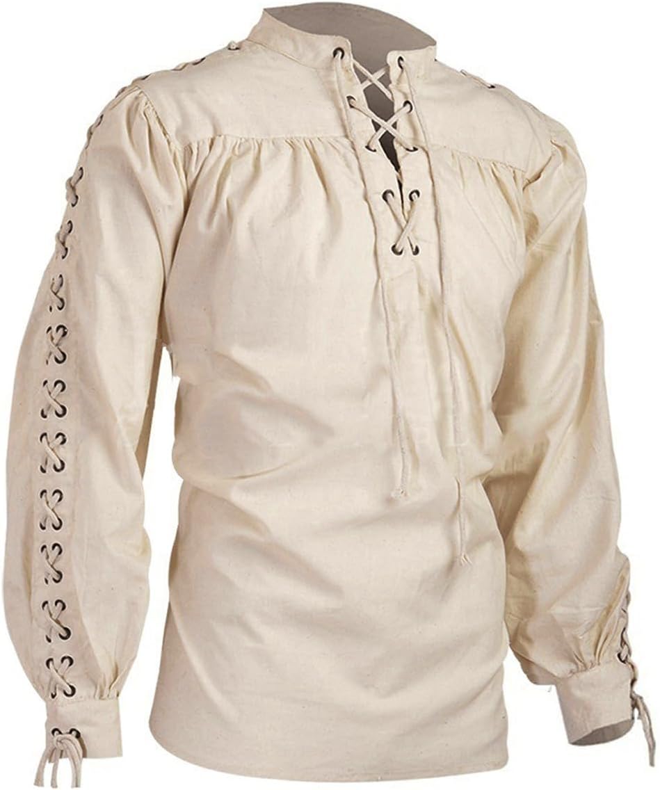 Underwear Men's Loose Linen Medieval Gothic Renaissance Shirt Long Sleeve Pirate Mercenary Costume XX-Large Beige