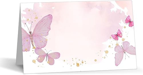 Miniatura 1 de Tarjetas de lugar de mariposa para colocar la mesa, 25 tarjetas de lugar con nombre de media pliegue, tarjetas de estilo de tienda de campaña rosa