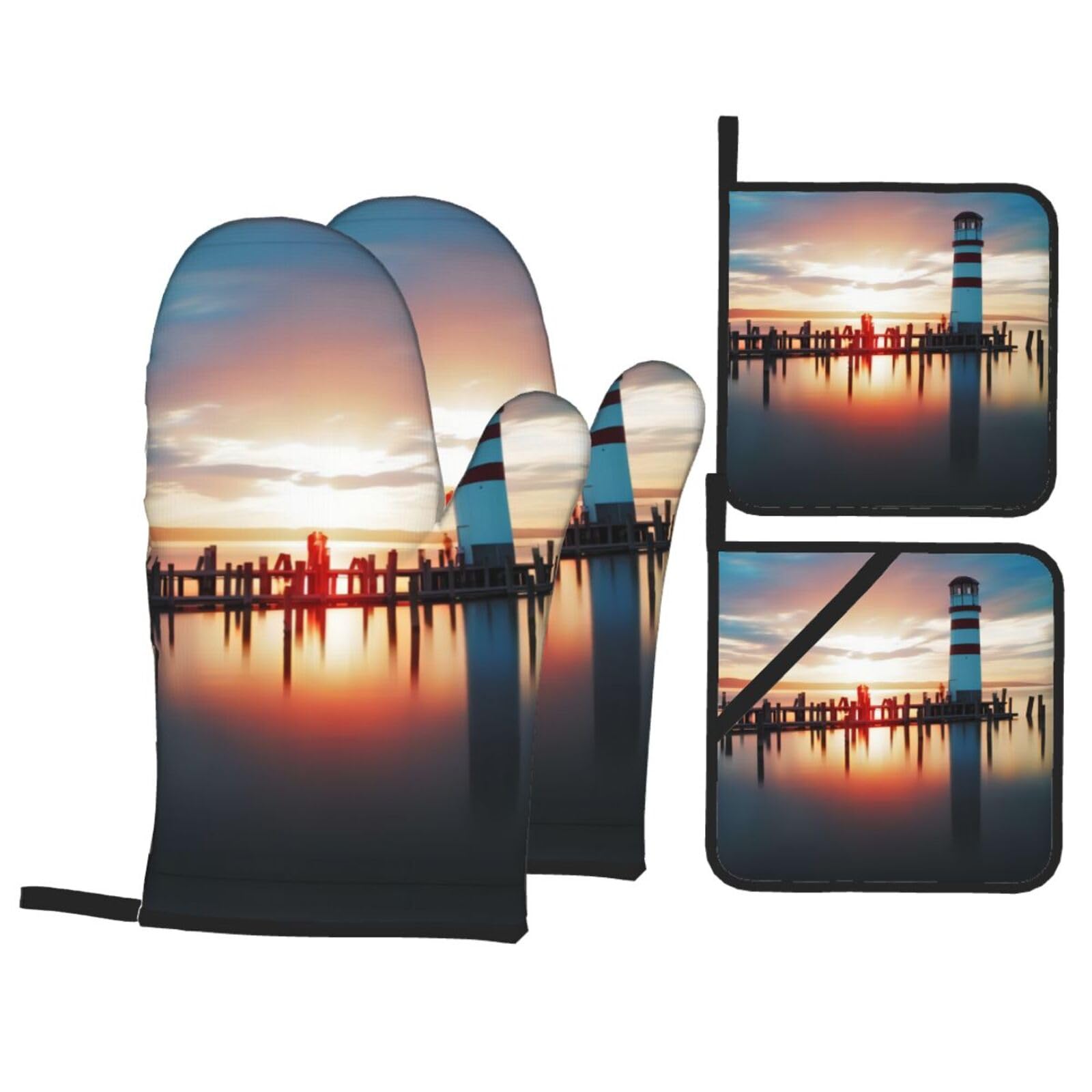 Seaside Lighthouse Printed Baking 4-Piece Set, includes oven mitts and a heat-resistant mat, suitable for oven and BBQ use