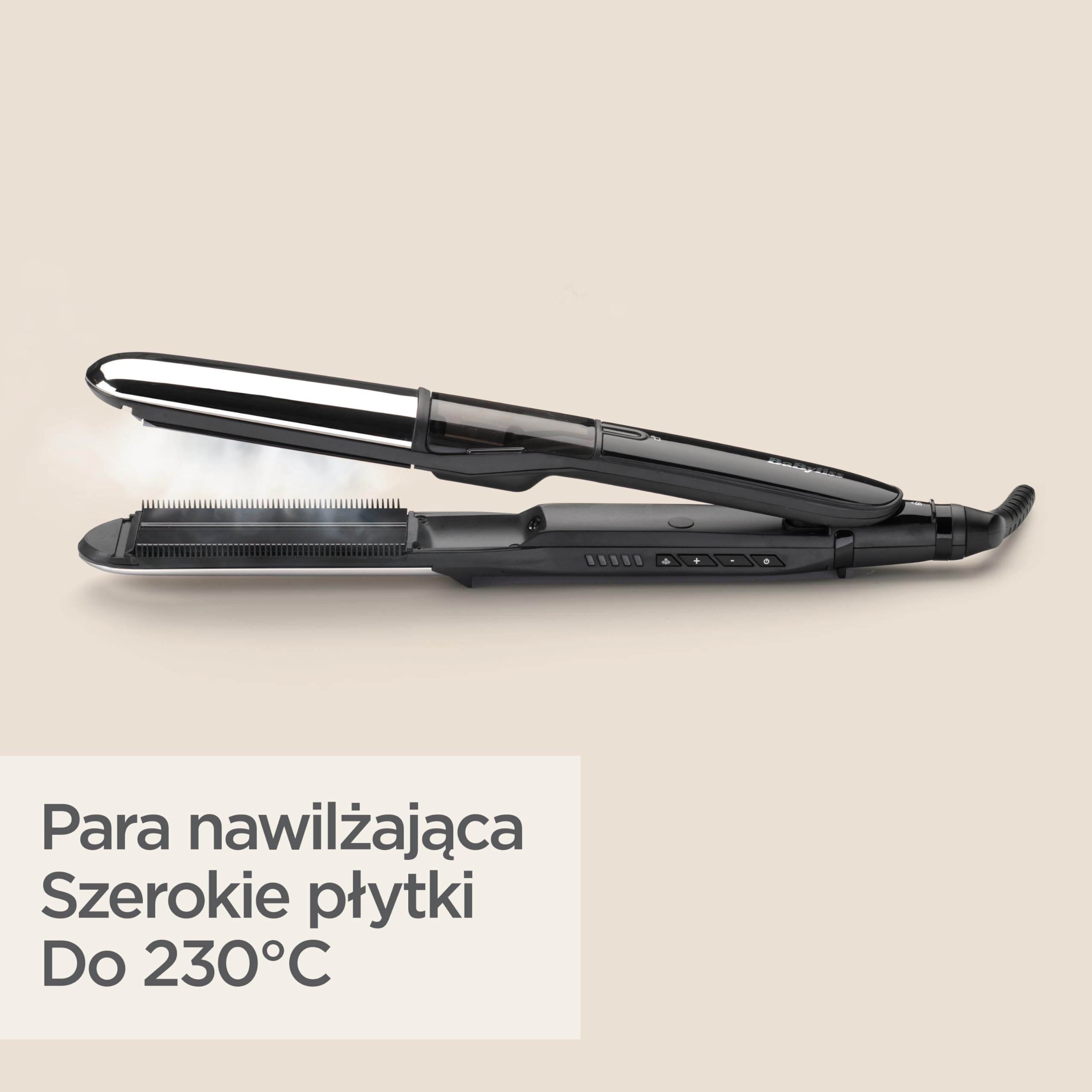 BaByliss Steam Shine – Prostownica Parowa z XL Płytkami Turmalinowo‑Ceramicznymi do Szybkiego i Łatwego Prostowania, Funkcja Jonowa Anti‑Frizz dla Lśniących i Jedwabistych Włosów, ST496E