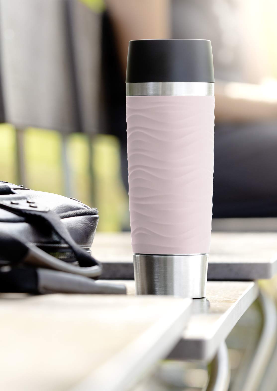 Emsa Travel Mug Waves Grande N20120 - Vaso térmico (0,5 L, hasta 6 horas de calor y frío durante 12 horas, 100% hermético, apertura de 360°, cierre de presión rápida), color rosa