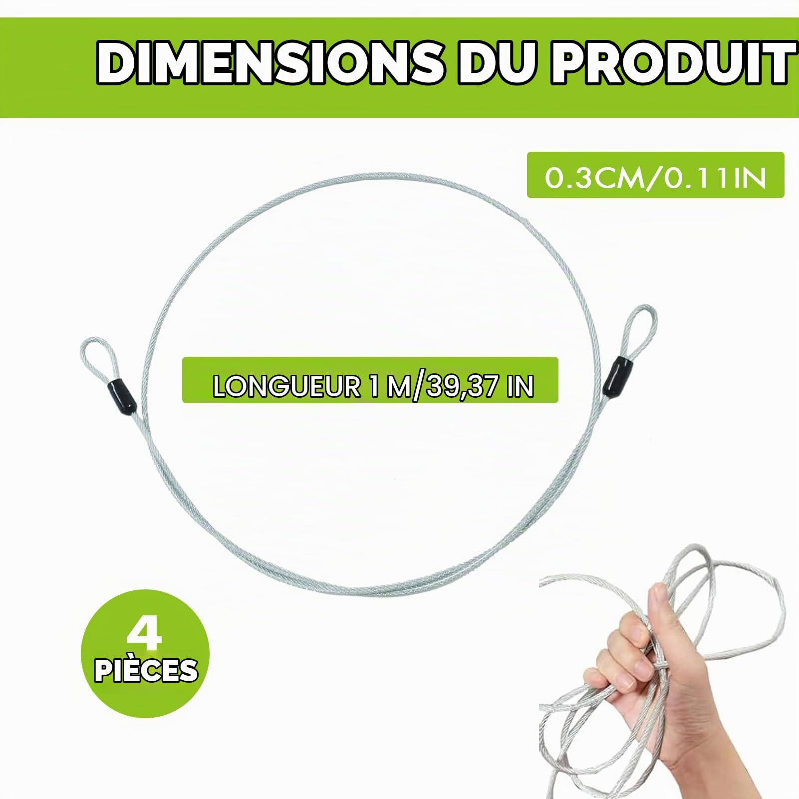 4PCS Câbles Antivol en Cable Acier 1m avec Mousqueton, Cordelette de Sécurité Robuste, Elingue Polyvalente et Chaine Antivol pour Vélo, Éclairage, Bagages et Équipements, Usage Intérieur et Extérieur