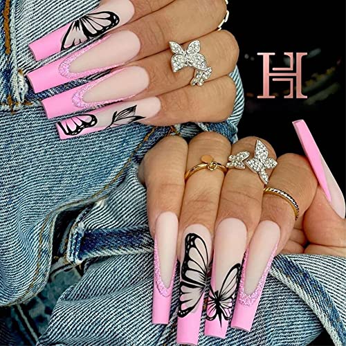 �o�^�t���C�t�F�C�N�l�C�� �v���X�I���l�C�� �}�b�g�t�F�C�N�l�C�� �t���J�o�[ �t�����`�����O �o�����[�i�t�F�C�N�l�C�� �����Ə��̎q���� (24�A�u���b�N�ƃS�[���h)(Butterfly Fake Nails-O)