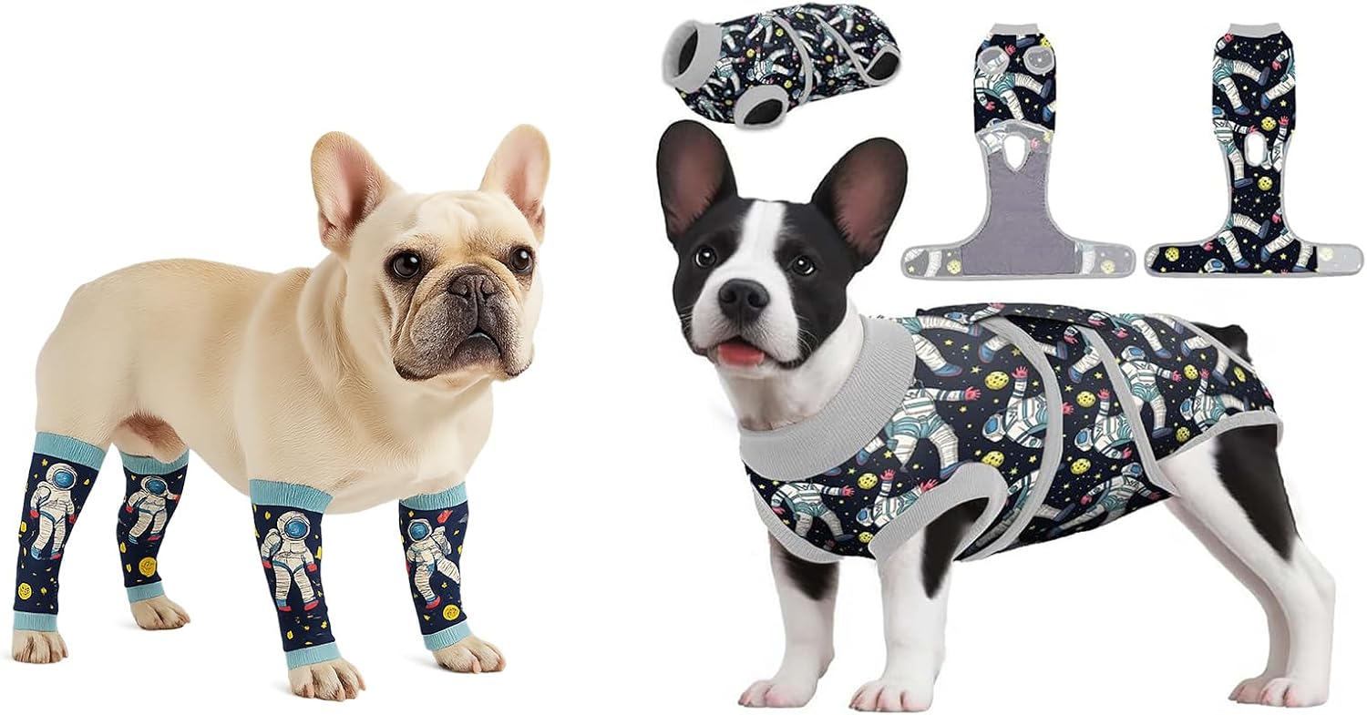 PetWarm Dog Recovery Leg Sleeves 4pcs Set & Dog Surgery Recovery Suit, Zoo Pattern, Black Brown, S