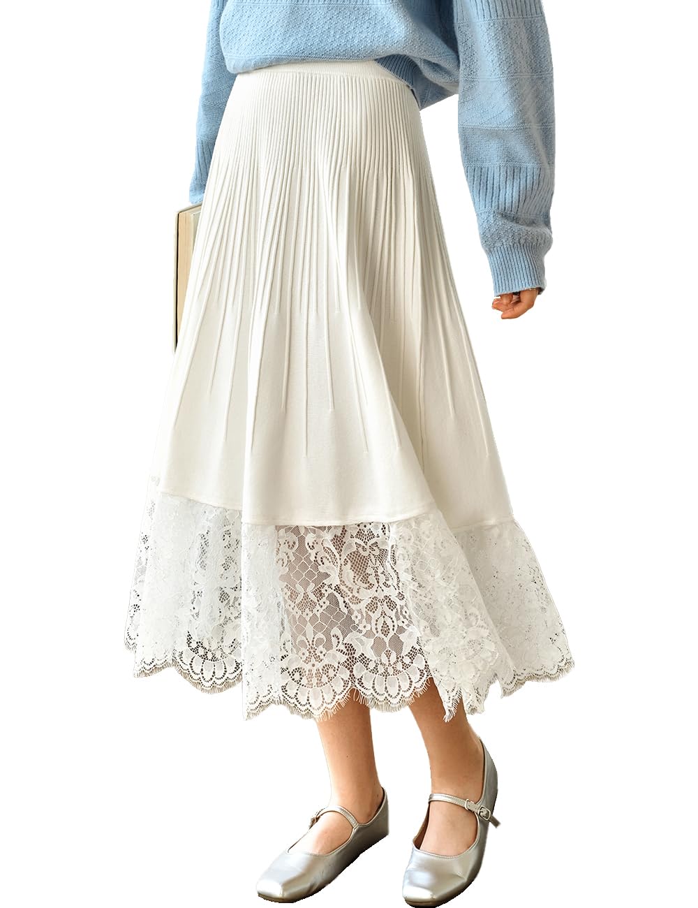Womens White Elastic High Waist Knitted Lace Stitching Midi Skirt