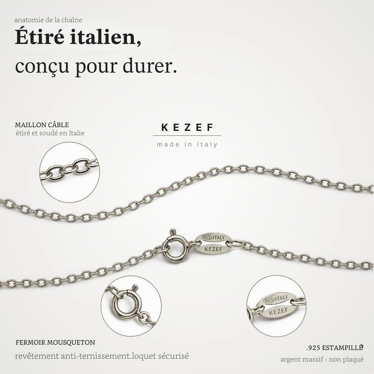 KEZEF Chaîne Femme 1,3 mm | Collier Chaîne Fine et Solide à Maille Ovale | Disponible en Argent 925, Plaqué Or et Plaqué Or Rose