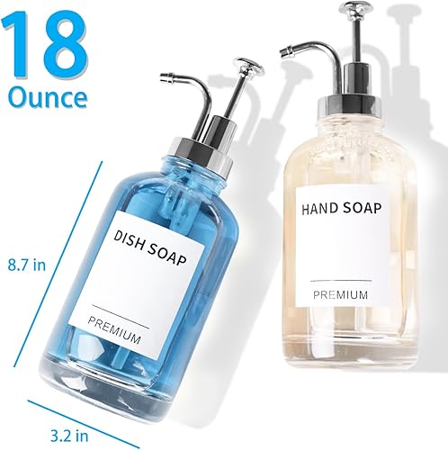 Miniatura 6 de Dish Soap Dispenser for Kitchen, Hand Glass Soap Dispenser Set with Pump, Tray, Funnel for Bathroom, Shower, Laundry, Liquid, Lotion (Silver 2 Pack