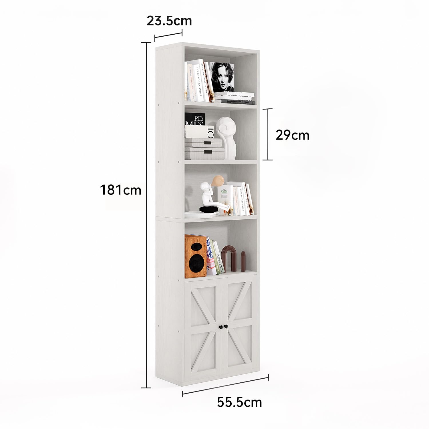 oneinmil Librería Blanca con 2 Puertas de Madera, estantería Alta con 6 Niveles, Armario de Cocina, estantería de pie, para salón, Dormitorio, Oficina, Estudio