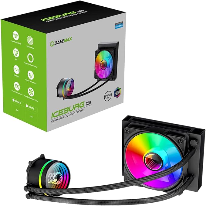 GameMax Iceburg 120mm ARGB CPU Liquid Cooler, AIO Cooler 120mm CPU