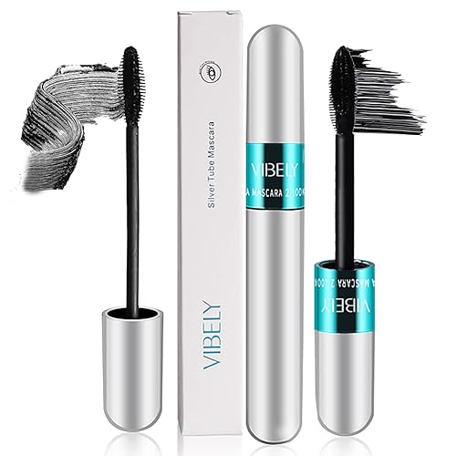 Vibely Máscara de pestañas 5 veces más impermeable, 2 en 1 de fibra de seda 4D, máscara de pestañas Vibely Cosméticos de pestañas, 5 veces más
