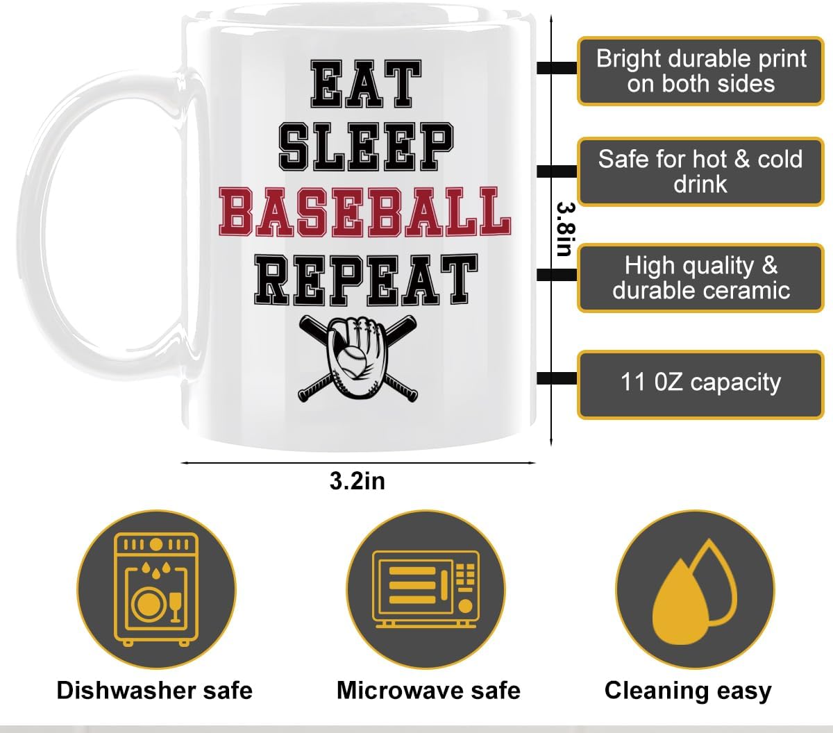Baseball Gifts for Men Coffee Mug, Ceramic Mugs With Handle Tea Cup Novelty Coffee Cup for Women Office Work, 12OZ Baseball Cups for Dad Men Coach Boyfriend Husband - eat sleep baseball repeat - Image 3