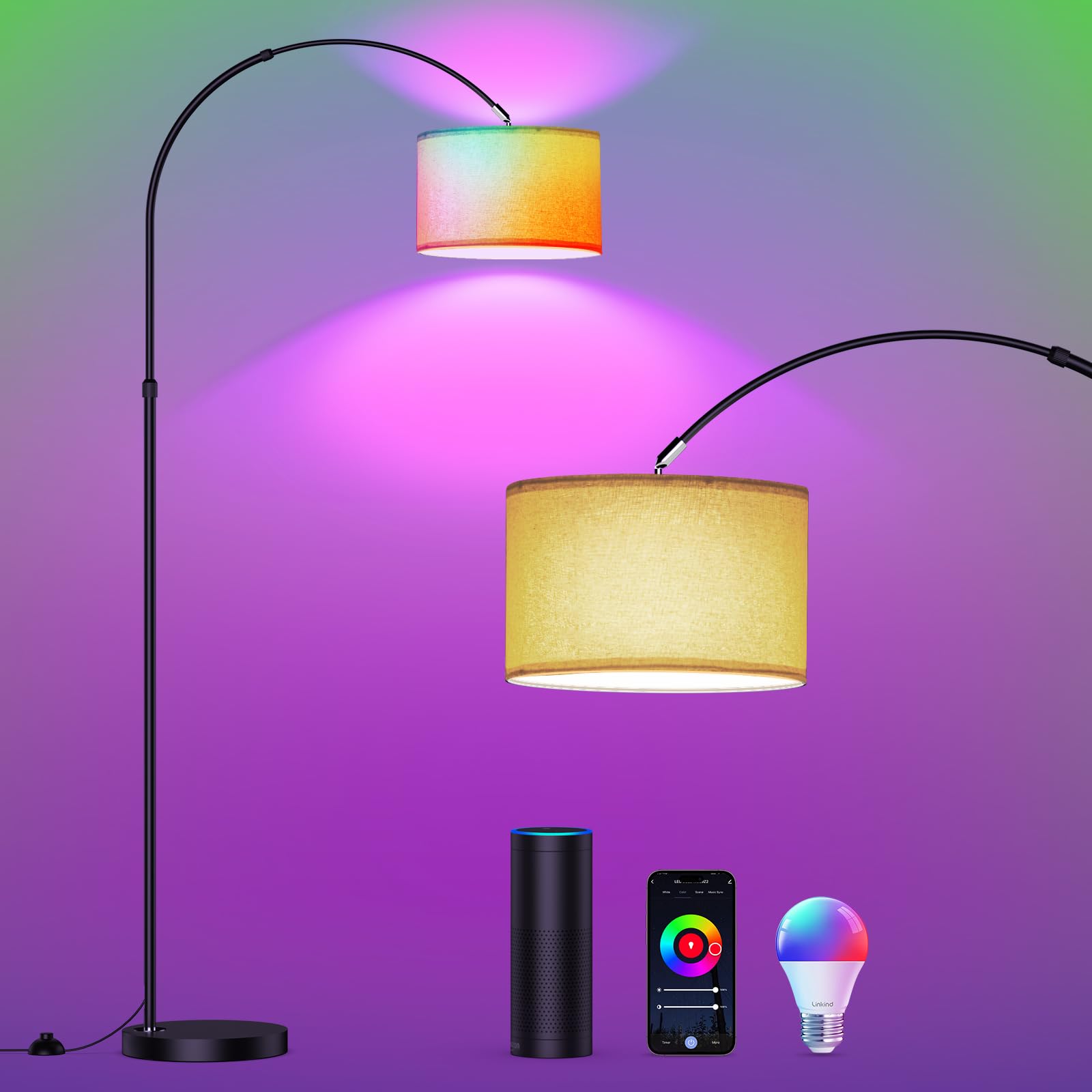 ANTENLICHT LUNA Bogenlampe Wohnzimmer Stehlampe Vintage, Inklusive LED E27 | Standleuchte mit Beige Stoffschirm I funktioniert mit Alexa und Google Home I RGB Stehleuchte Dimmbar für Schlafzimmer
