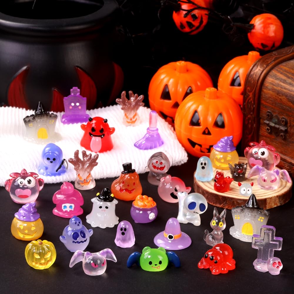 XIMISHOP 50PCS Mini Halloween Resin Luminous Ornaments,50 Styles Little Tiny Halloween Resin Ducks Pumpkins Miniature Small Halloween Plastic Figures Glow in The Dark for DIY Landscape Desk Decor - Image 2