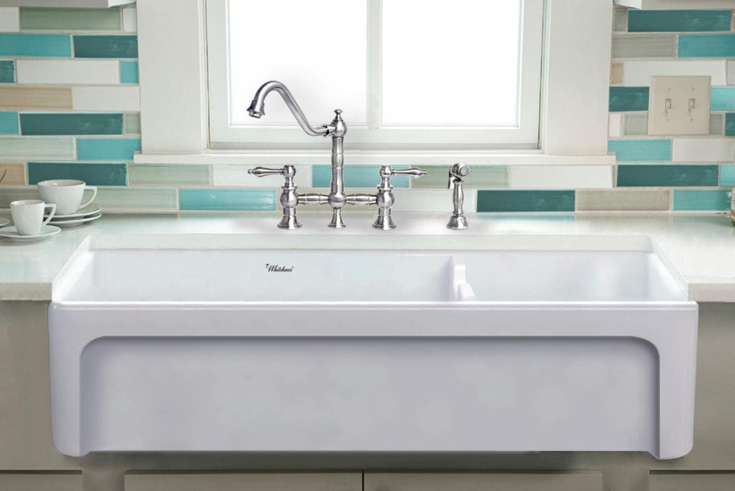 White 43" Fireclay Double Bowl Farmhouse Kitchen Sink