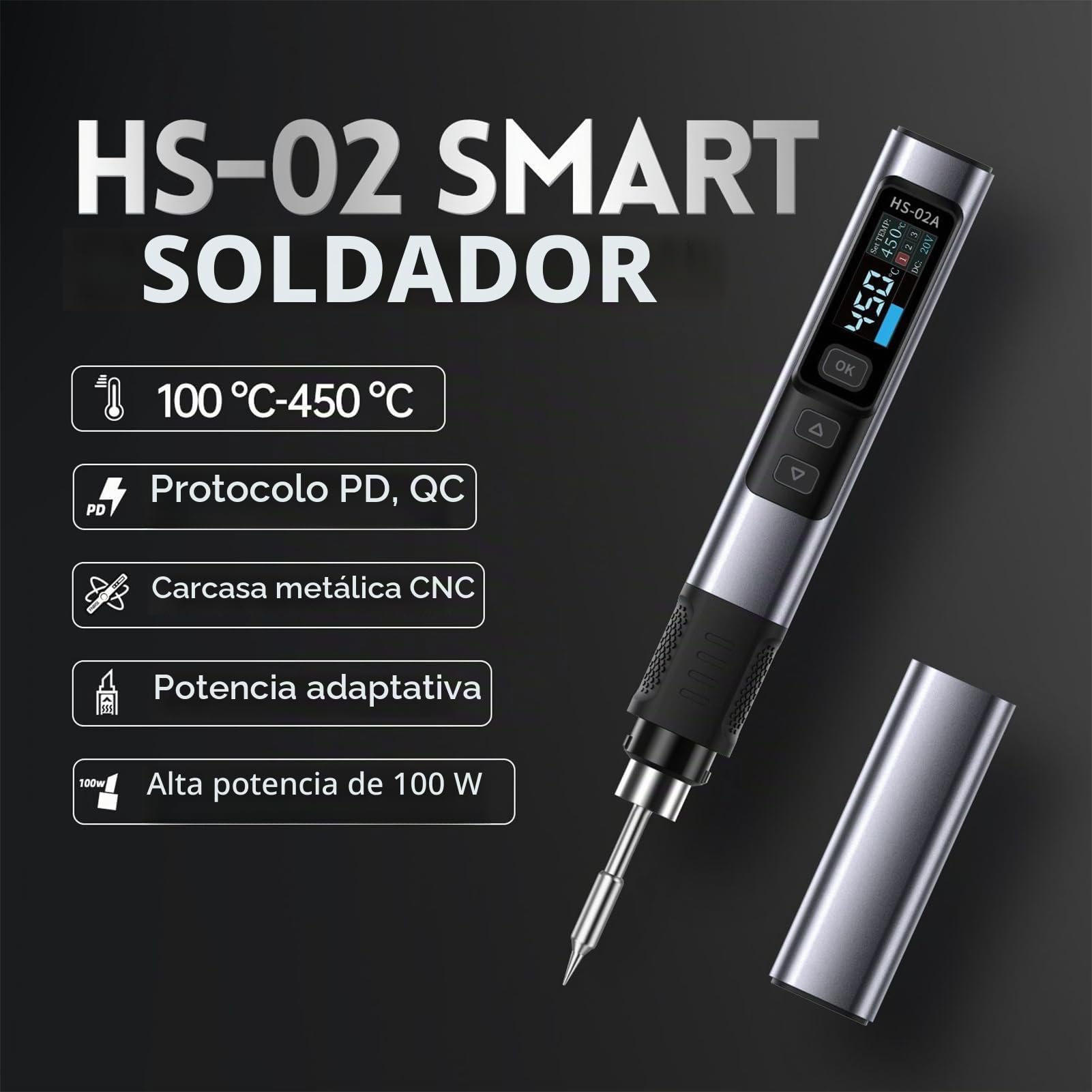 HS-02A Soldador De Estaño Profesional, Calentamiento Rápido Ajustable De 212 A 842 °F Con 6 Puntas De Soldadura Y Adaptadores CNC 100 W Kit De Soldadura Electrónica