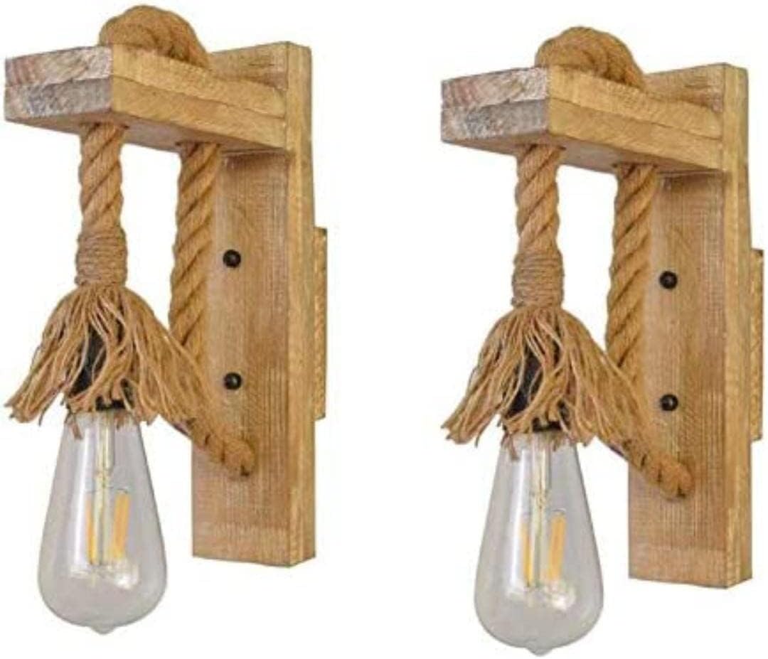Areezo Traditional Rustic Rope Wall Light with Wooden Base Light Lamp Scones for Home Decoration Pack of 2, (Bulb Not Included)