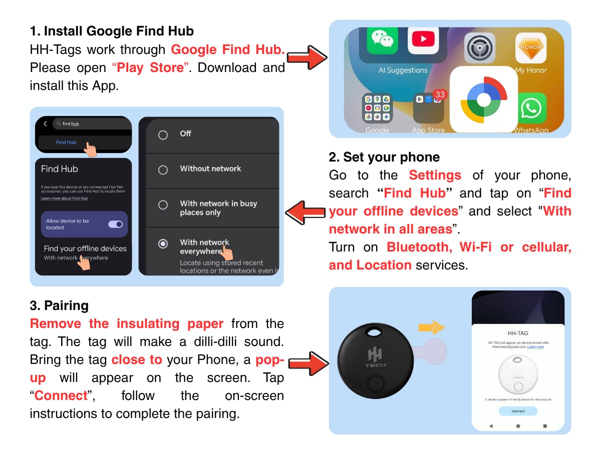 HH-Tech Tag Tracker Android (Pack-4 Black+White Android solo) Funziona con Google Find My, Find Hub, Smart Tag Tracker, Item Finder, Traccia facilmente chiavi, portafoglio, borsa, valigia e altro