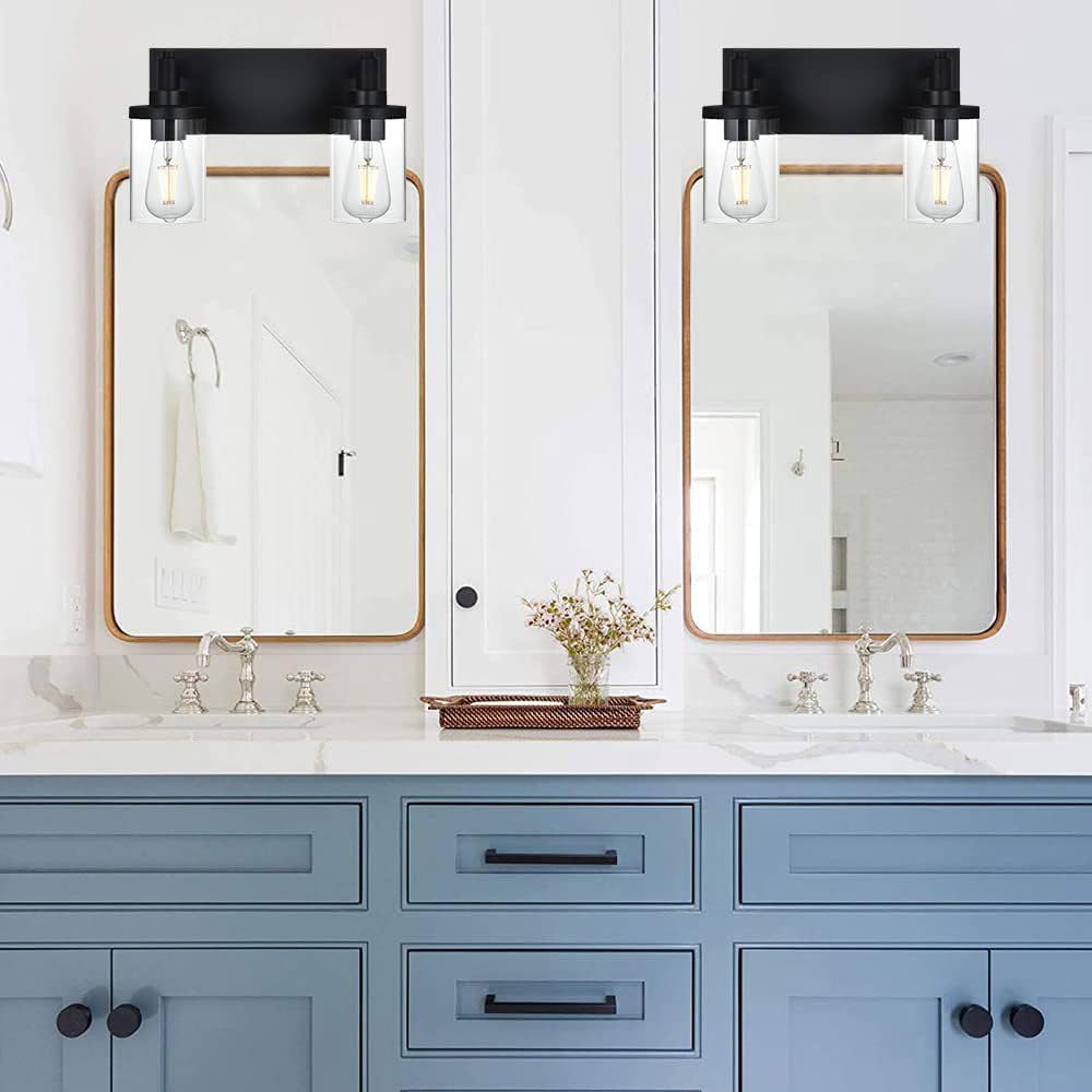 Lámparas de baño, Aplique de Pared Negro, luminaria Moderna para tocador, 2 Cabezales con Vidrio Transparente, lámpara de Estilo rústico, lámpara Industrial para Porche, baño, Sal