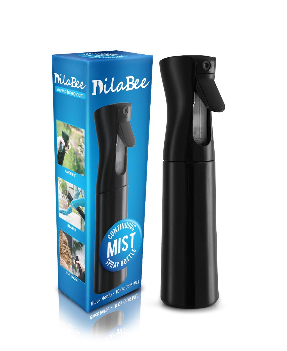 DilaBee Continuous Mist Empty Black Spray Bottle For Hair Salon Quality Mold-Resistant 360 Water Misting Sprayer Pressurized Aerosol Stylist Spray Mister BPA Free (10 Oz)