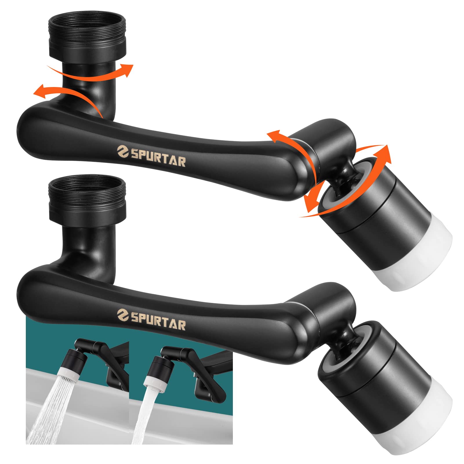 1440° Faucet Extender 2 Pack, Spurtar 2 Outlet Mode Universal 1080° Swivel Faucet Extension + 360° Swivel Faucet Attachment Kitchen Extension Aerator, Splash Faucet Aerator for Bathroom Sink, Black