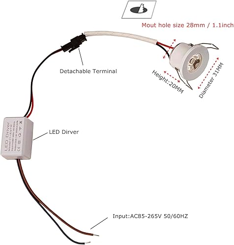 Miniatura 4 de Paquete de 2 mini focos de 1 W para interiores, exhibición de techo empotrado, para debajo del gabinete, con CA 110V220V a CC 3-12V LED Driver