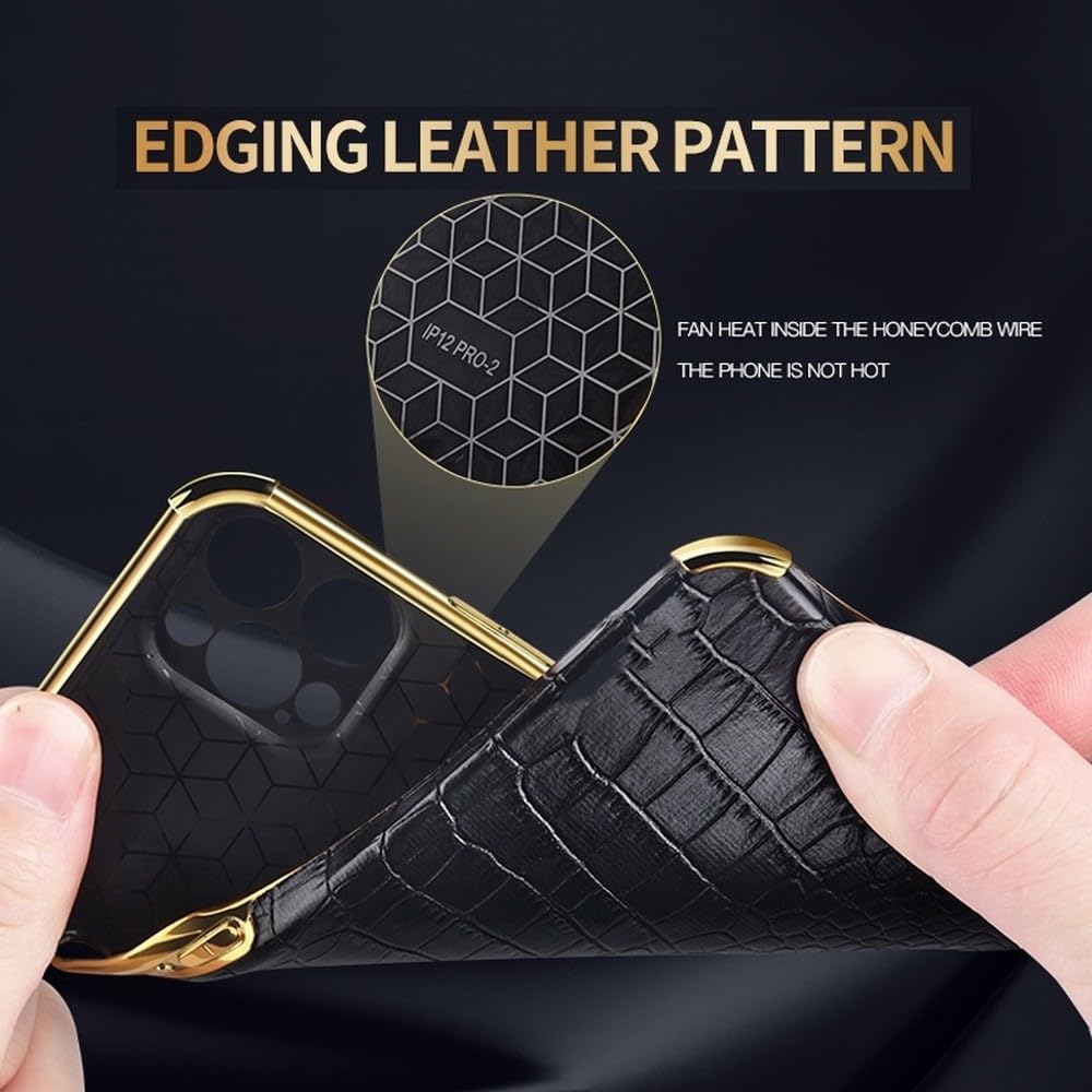 Funda de Silicona con Revestimiento de Piel y patrón de cocodrilo para iPhone 17, 16e, 15, 14, 13, 12, 11 Pro MAX y 16 Plus/Mini. Color Negro. También Disponible para iPhone 14 Pro.