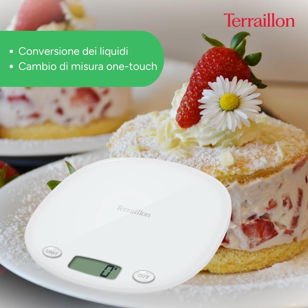 TERRAILLON - Bilancia da cucina - Tara, Conversioni di liquidi - Maniglia integrata, Capacità 5 kg - Modello Macaron Meringa