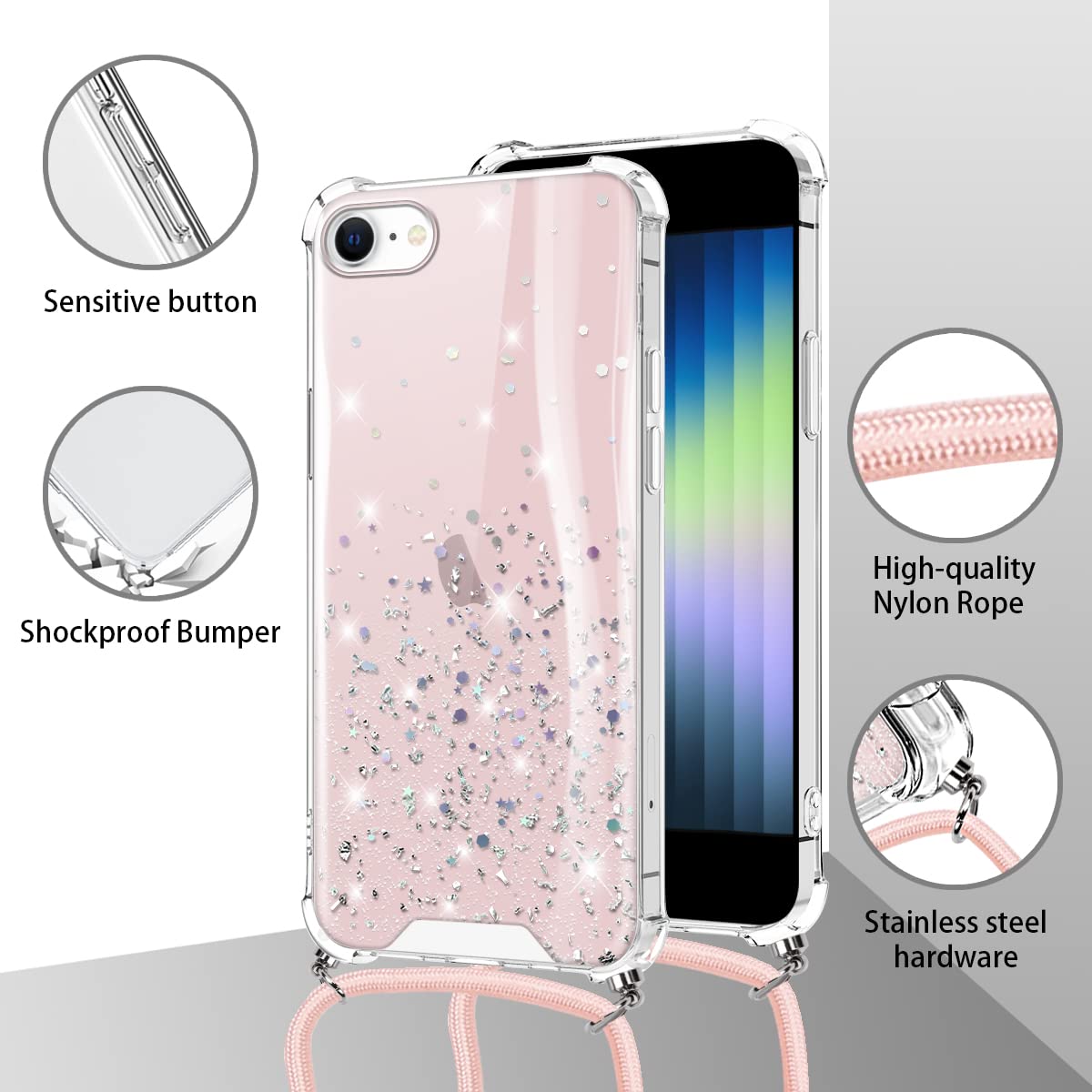 Vauki Custodia Glitter Con Cordino Per IPhone SE/8/7/6/6s 4.7” – Trasparente Con Paillettes E Tracolla Regolabile (Rosa) - 3