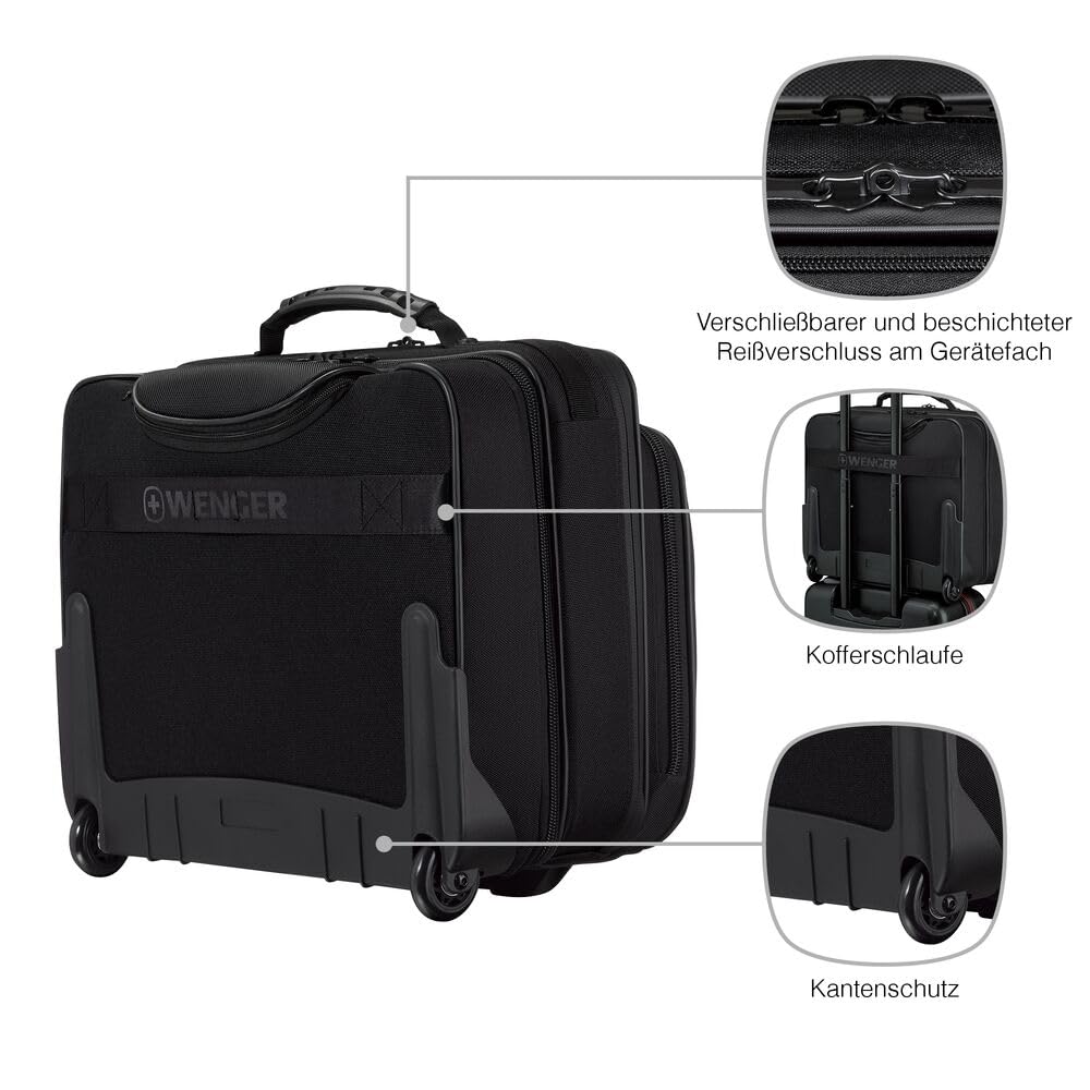WENGER Legacy Black Series Aktenkoffer, Laptop-Tasche zum Rollen, Trolley, Notebook bis 15,6 Zoll, 29 l, Büro Business Uni Schule, Schwarz, 653631
