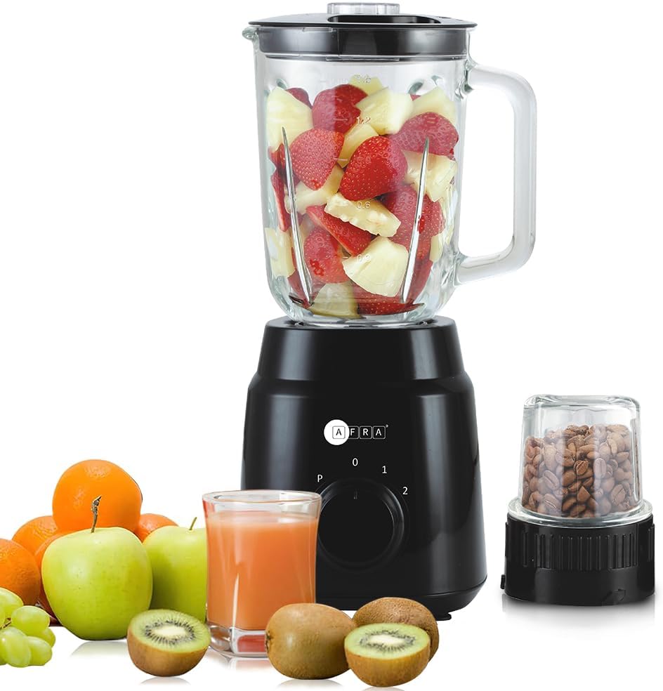 AFRA 2 in 1 Blender, 2-speed settings, Pulse Function, 1.5 Litre Capacity, 4 Cutting Blades, Blender & Grinder Jar, Easy-To-Clean, AF-600BLBK, 2 Years Warranty