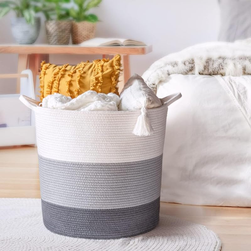 Image of Large Basket Natural Cotton Rope Storage Basket and Hamper for Cloths and Multi Usage in Living Room, Bedroom, Laundry Room (Size - 14 inch x 14 inch x 16 inch) (White Grey Black)