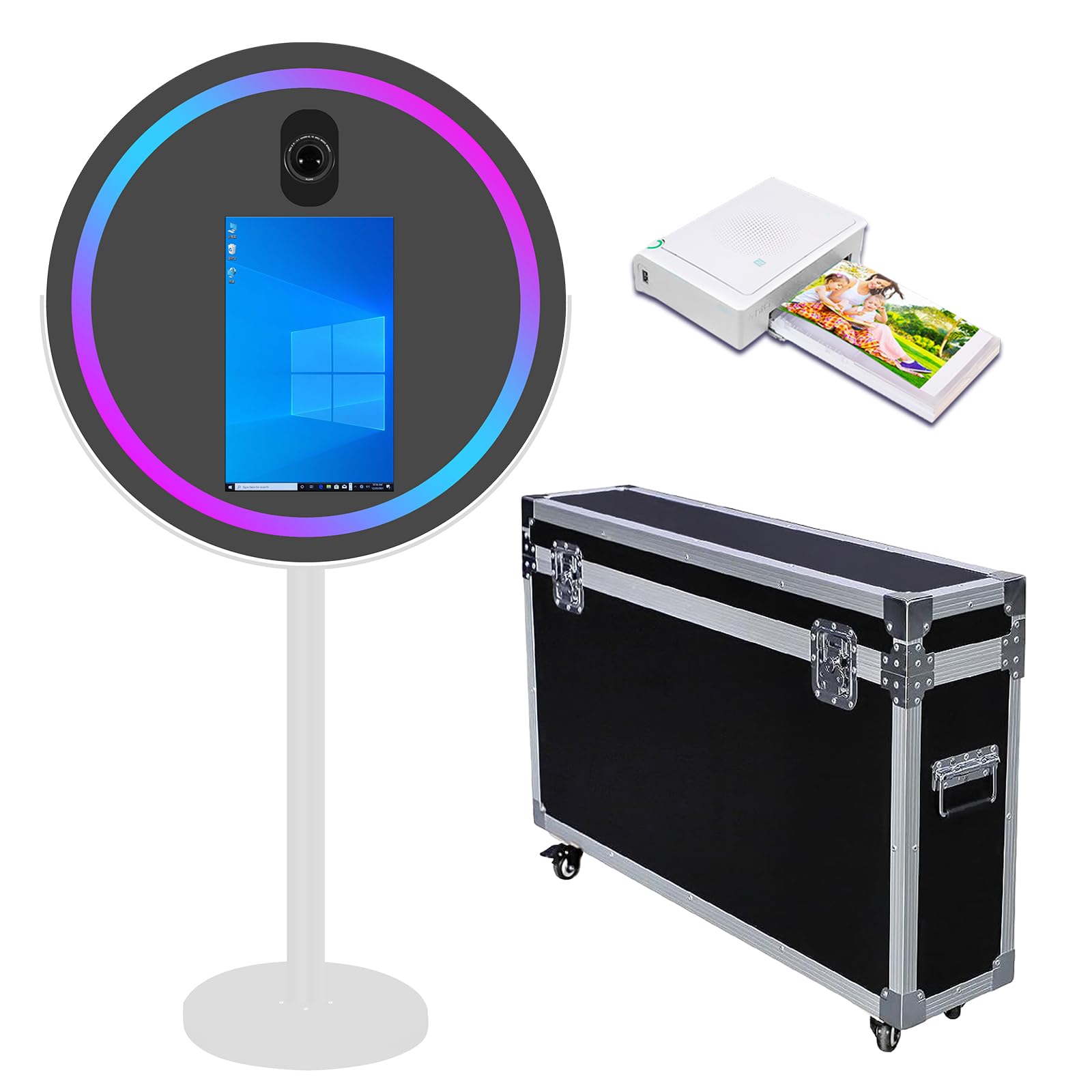 Round Mirror Photo Booth Selfie Led Frame Portable 21.5in Touch Screen Magic Mirror Booth Machine for Wedding Party Events (White, Photo Booth+Mini Printer)