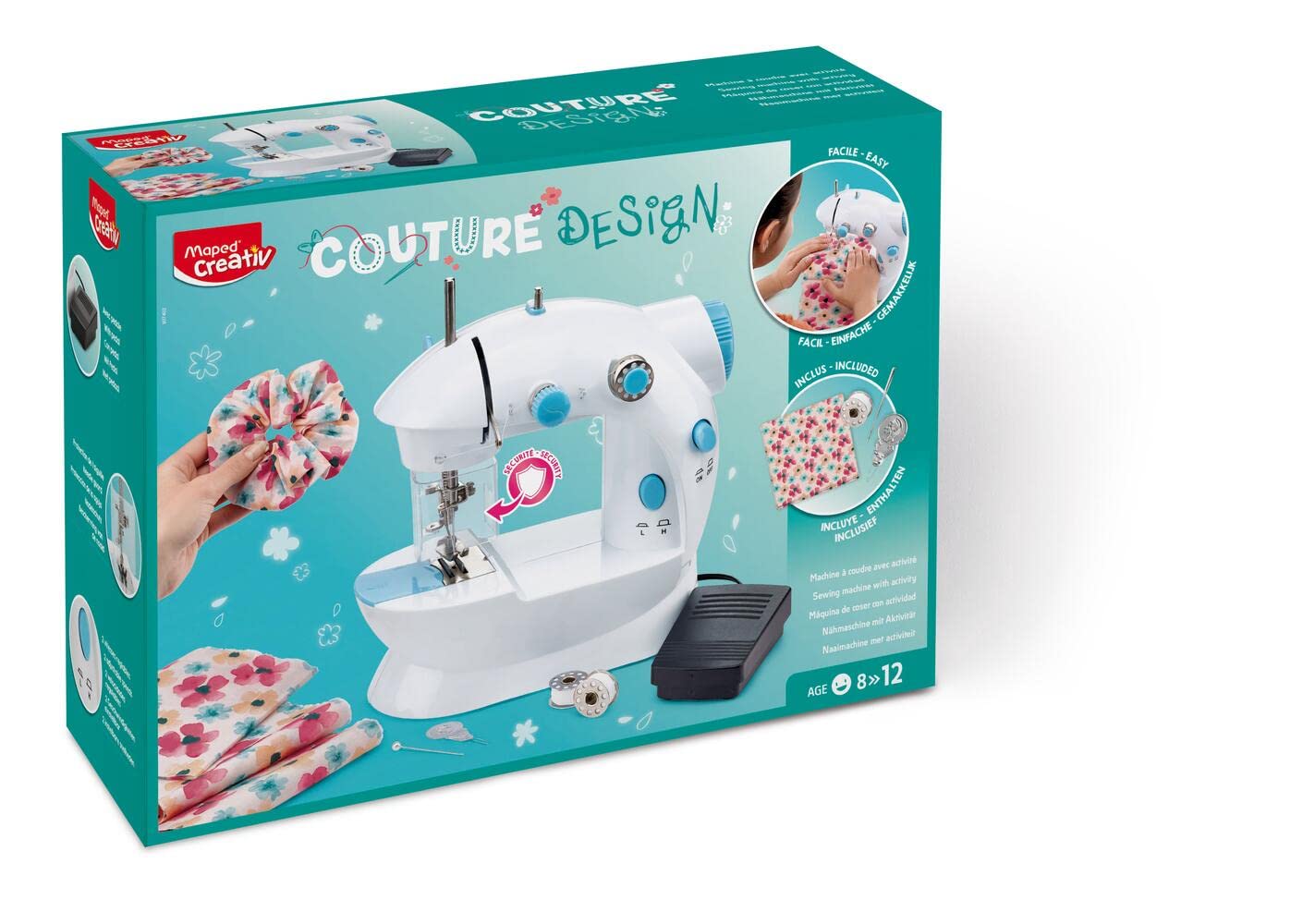 Maped Máquina de Coser Infantil Couture Design, Mini Máquina Portátil Segura para Niños desde 8 Años, Set Completo con Materiales para Crear Accesorios y Ropa, 380 x 280 x 125 mm