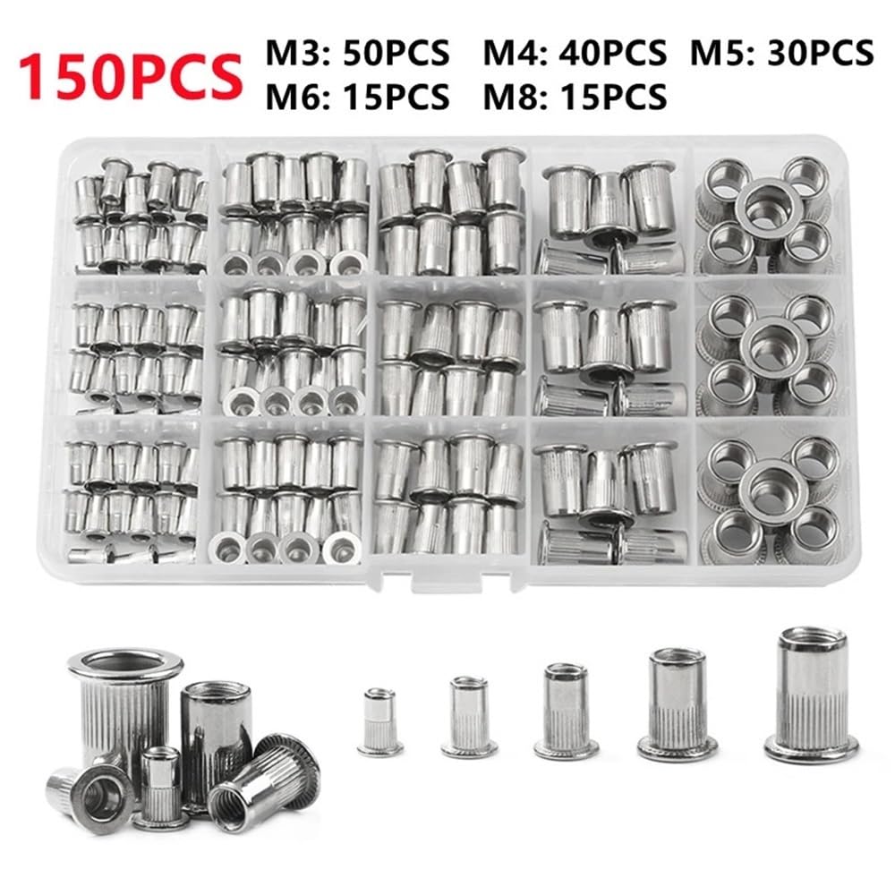 Inserto for rivetti in acciaio inossidabile Set di dadi for rivetti in acciaio inossidabile di varie dimensioni Rivetnut(150PCS M3-M8)