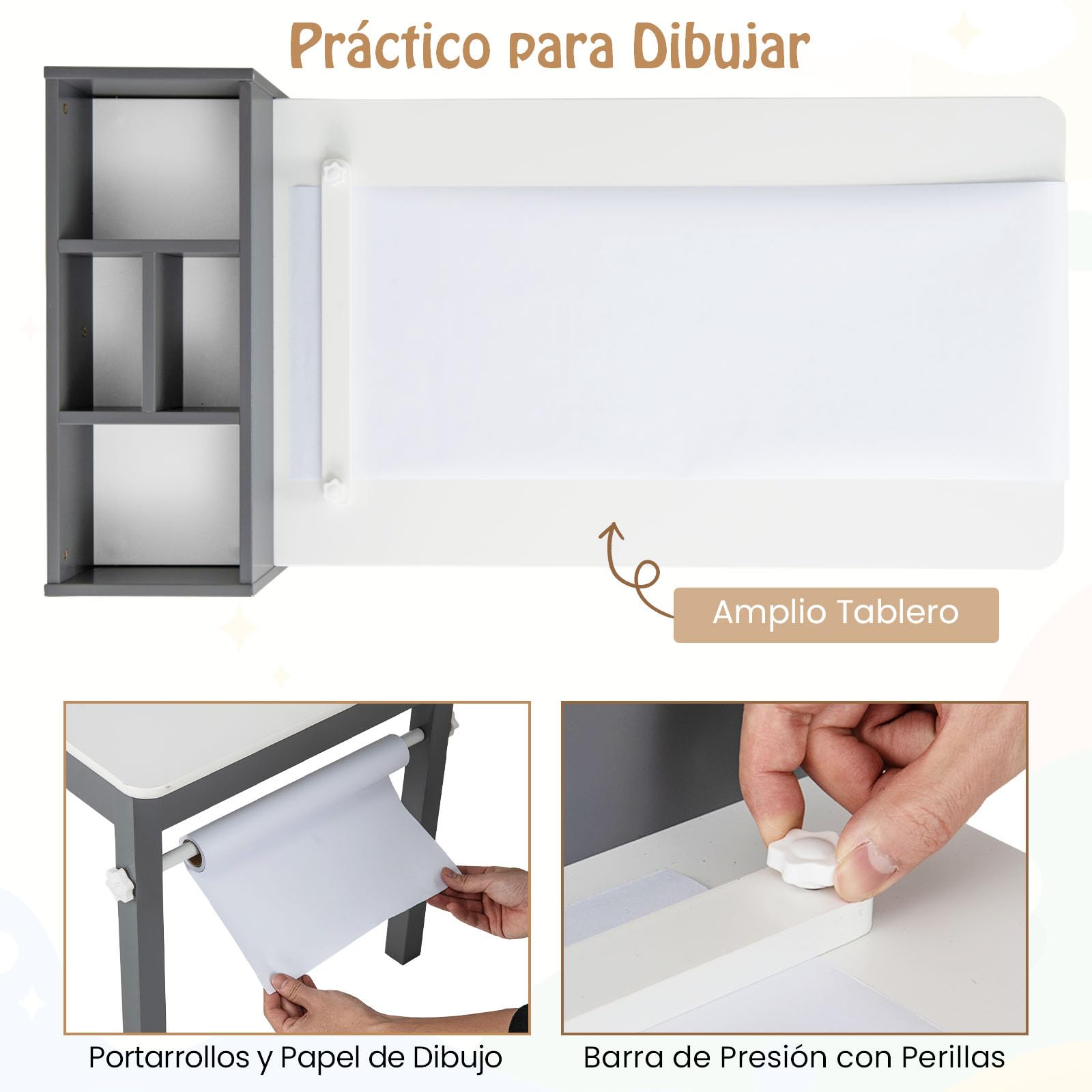COSTWAY Juego de Mesa y Sillas para Niños, Escritorio de Dibujo con 2 Sillas, Rollos de Papel y Soporte para Papel, Compartimentos y Estantes Abiertos,4 Cestas,Mesa de Actividades para Niños (Gris)