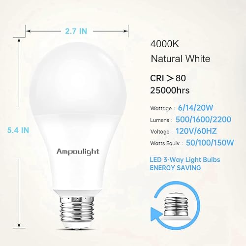 Miniatura 6 de Bombilla LED de 3 vías 50-100-150W equivalente a A21, bombilla de 3 vías 4000K blanco natural, 500-1600-2200LM lúmenes altos, 6-14-20W E26 bombilla