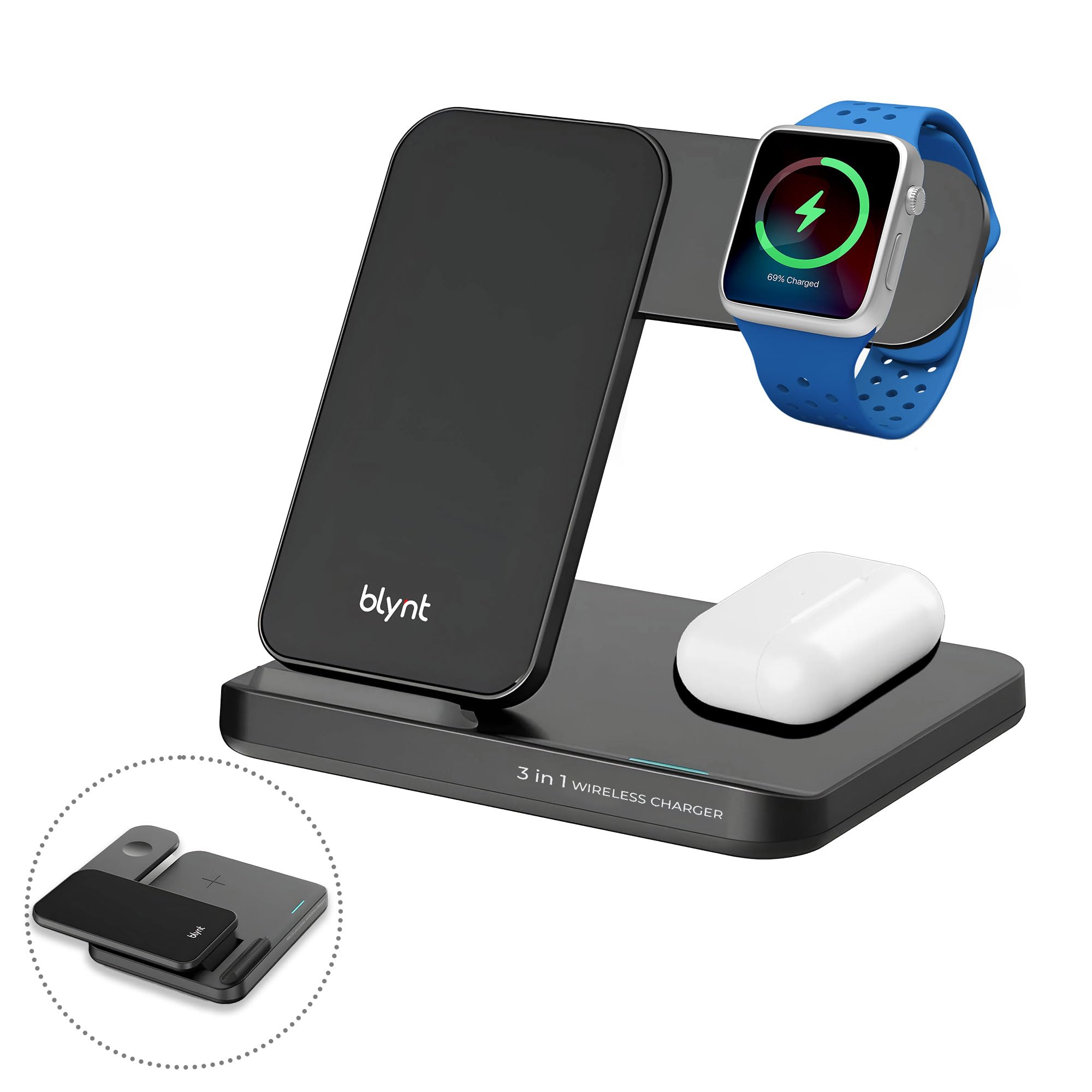 Estación de carga inalámbrica 3 en 1, cargador inalámbrico Qi plegable y rápido para iPhone, Android y dispositivos habilitados para Qi, fácil punto de carga todo en uno (negro)