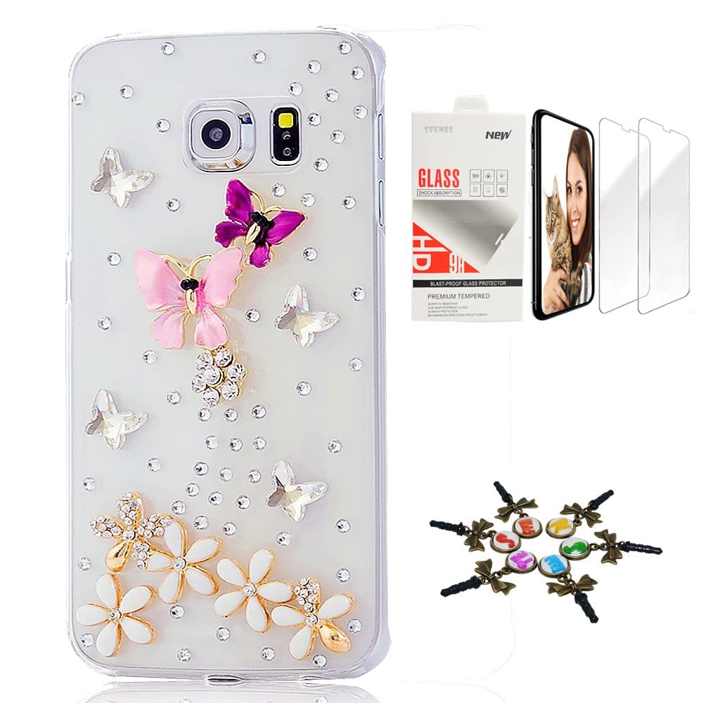 STENES Sparkle Case Compatible with Samsung Galaxy A42 5G Case - Stylish - 3D Handmade Bling Dance Butterfly Flowers Cover Case with Screen Protector [2 Pack] - Colorful