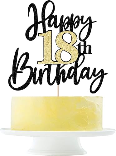 Decoración para tarta de cumpleaños de 18 años con purpurina negra y dorada, decoración de pastel de cumpleaños de 18 años y fabuloso cumpleaños,