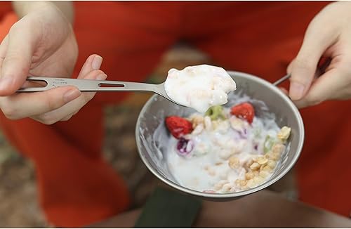 Miniatura 4 de Utensilios de campamento de titanio, juego de 3 piezas, cuchara y tenedor, juego de cubiertos con bolsa y mosquetón para acampar al aire libre,
