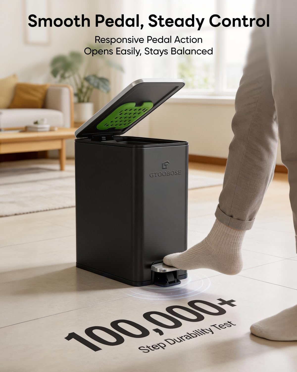 10L/2.6G Slim Bathroom Trash Can, Narrow Stainless Steel Soft-Close Step Pedal Bin with Lid, Odor Control Carbon Box, Removable Inner Bucket, Small Waste Bin for Bedroom, Office, RV (Black)