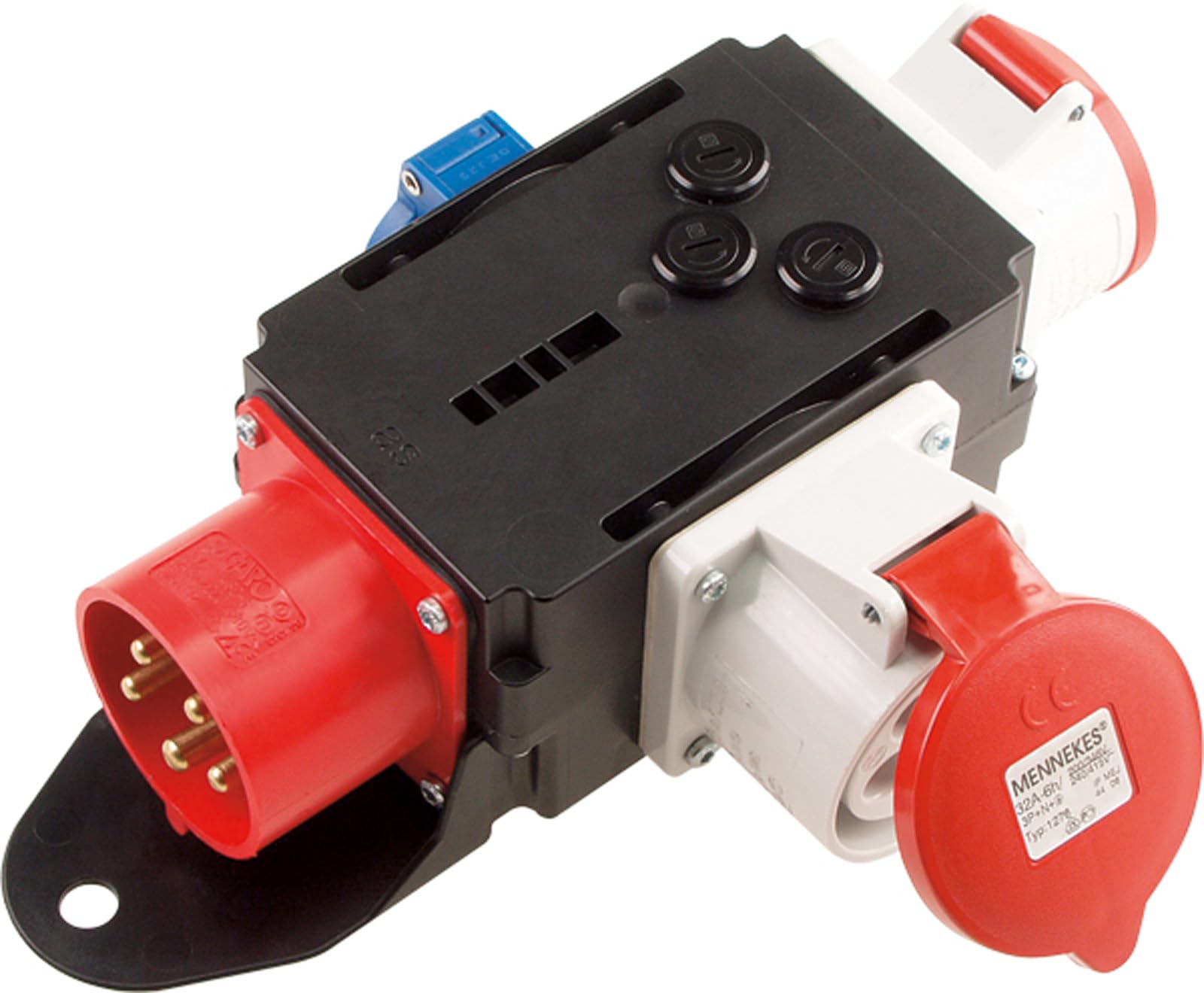 Bachmann 349.007 adapter CEE 1 x wtyczka CEE i 2 x gniazda CEE i 1 x gniazda ze stykiem ochronnym, czarny/czerwony/biały