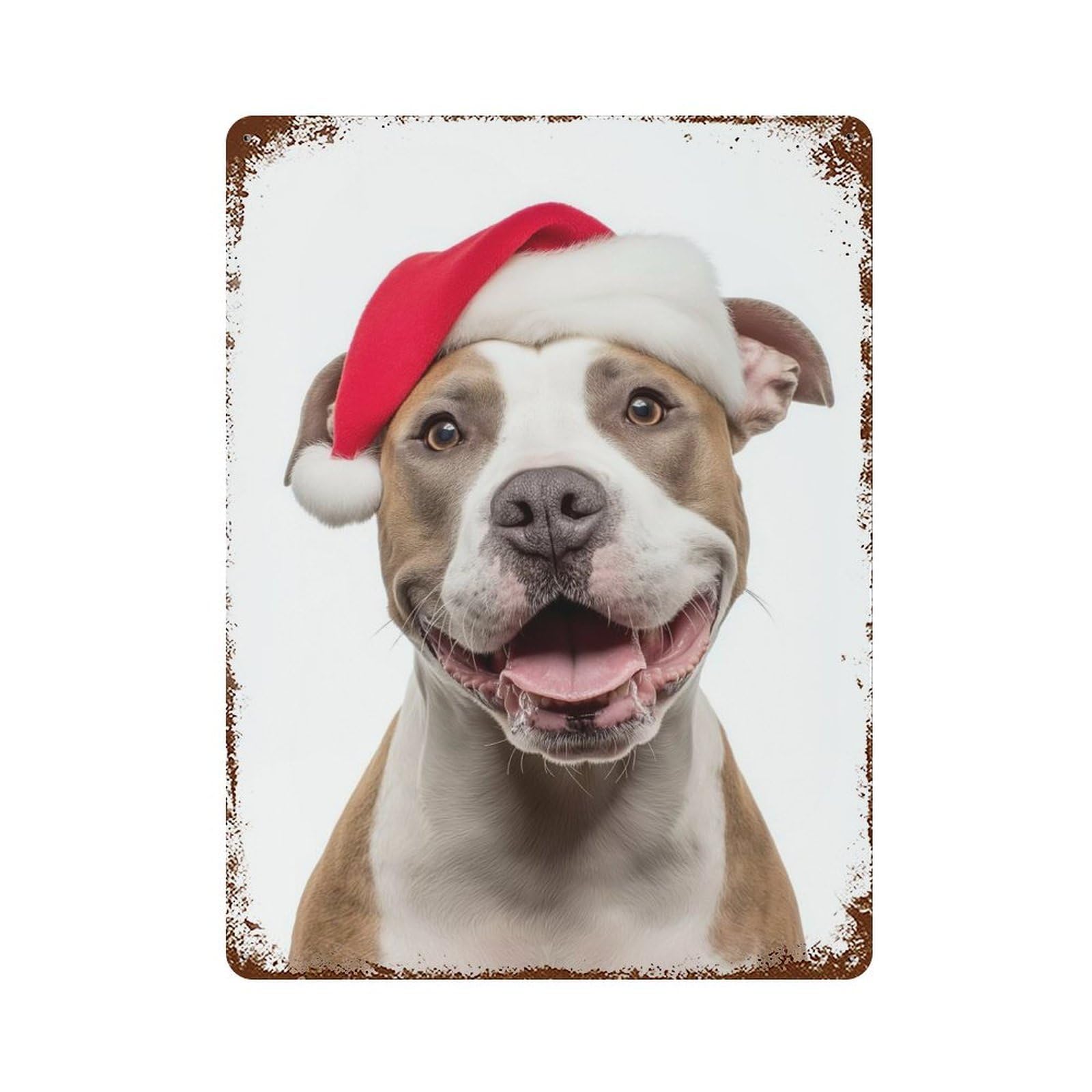 American Staffordshire Terrier Dog with Santa Hat Portrait Rust Effect Tin Sign 15.7"x11.8", Novelty Wall Decor for Garage, Pub Or Kitchen