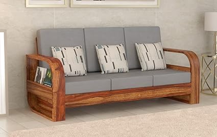 TreeeKart Solid Sheesham Wood Sofa Set 3 Seater For Living Room/Office & Lounge Wooden Sofa Set Grey Cushion Sofa Couch With Side Magzine Newspaper Holder,Rosewood Density 1.5 Inch,Teak Finish