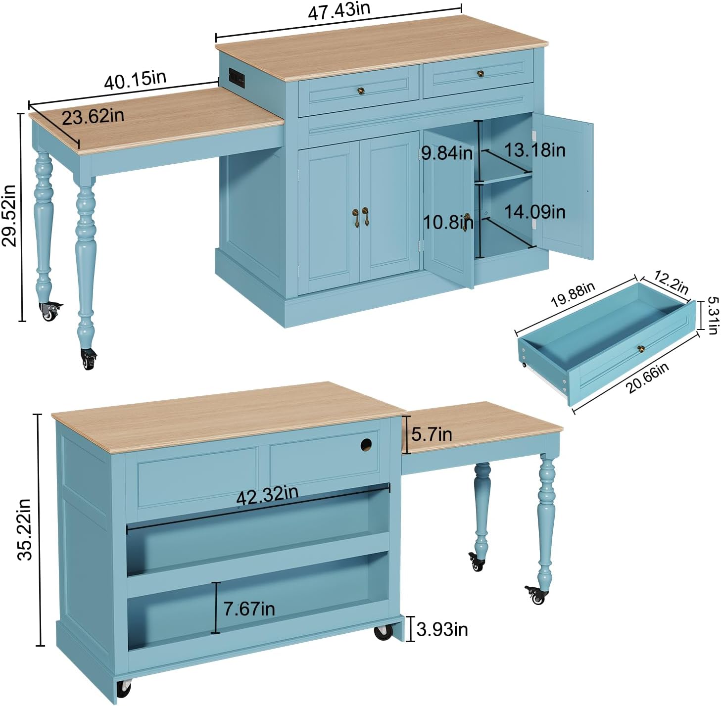 HLR 87.5" Kitchen Island with Extendable Table for 2-6, Rolling Islands Cart with 4 Doors, Mobile Kitchen Island with Storage Slide Out Legs and Power Outlet (Light Blue)