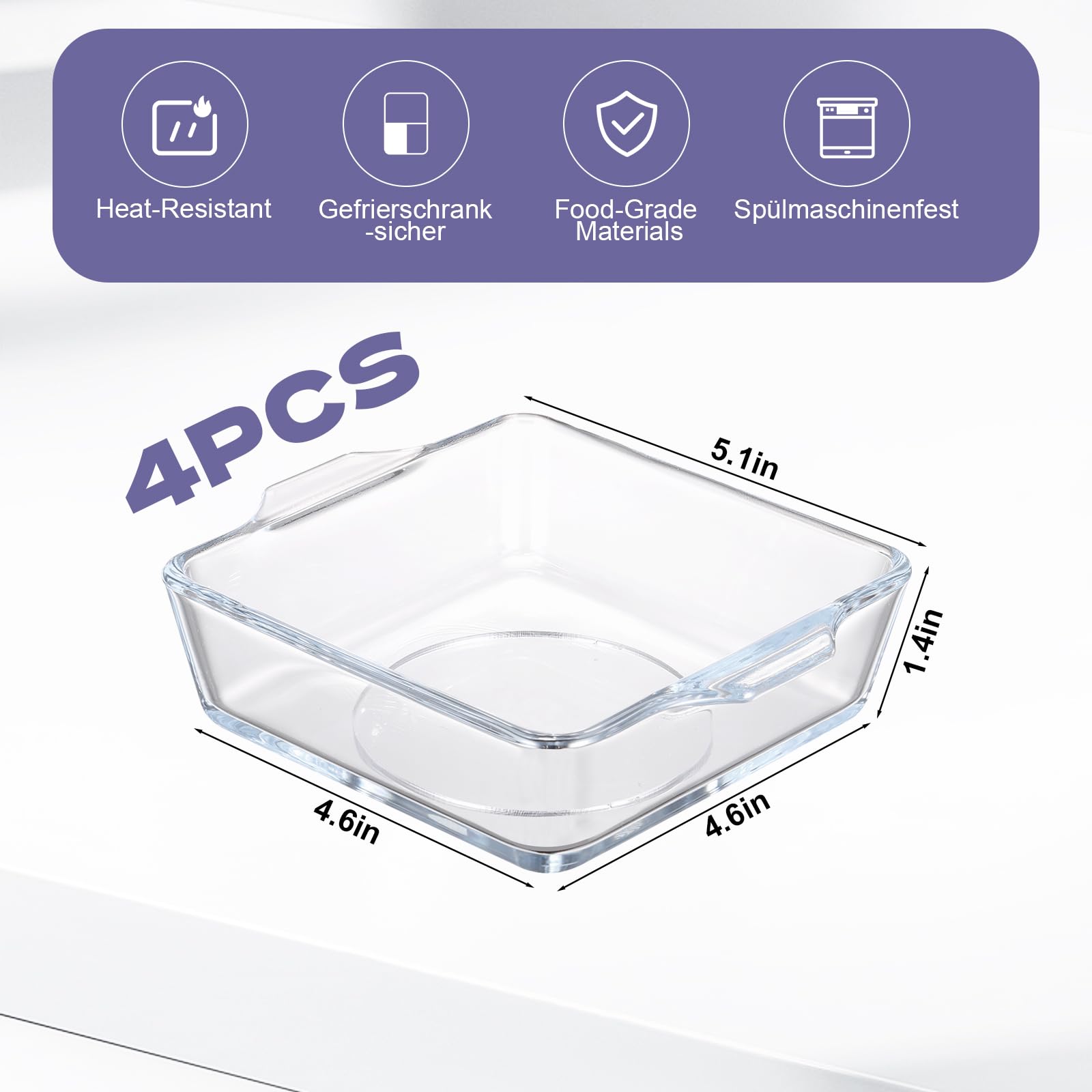 Lot de 4 mini plats à gratin en verre transparent avec poignée 0,5 l - Petit moule à cake en verre empilable - Moules carrés empilables pour four, micro-ondes, lasagnes, tiramisu