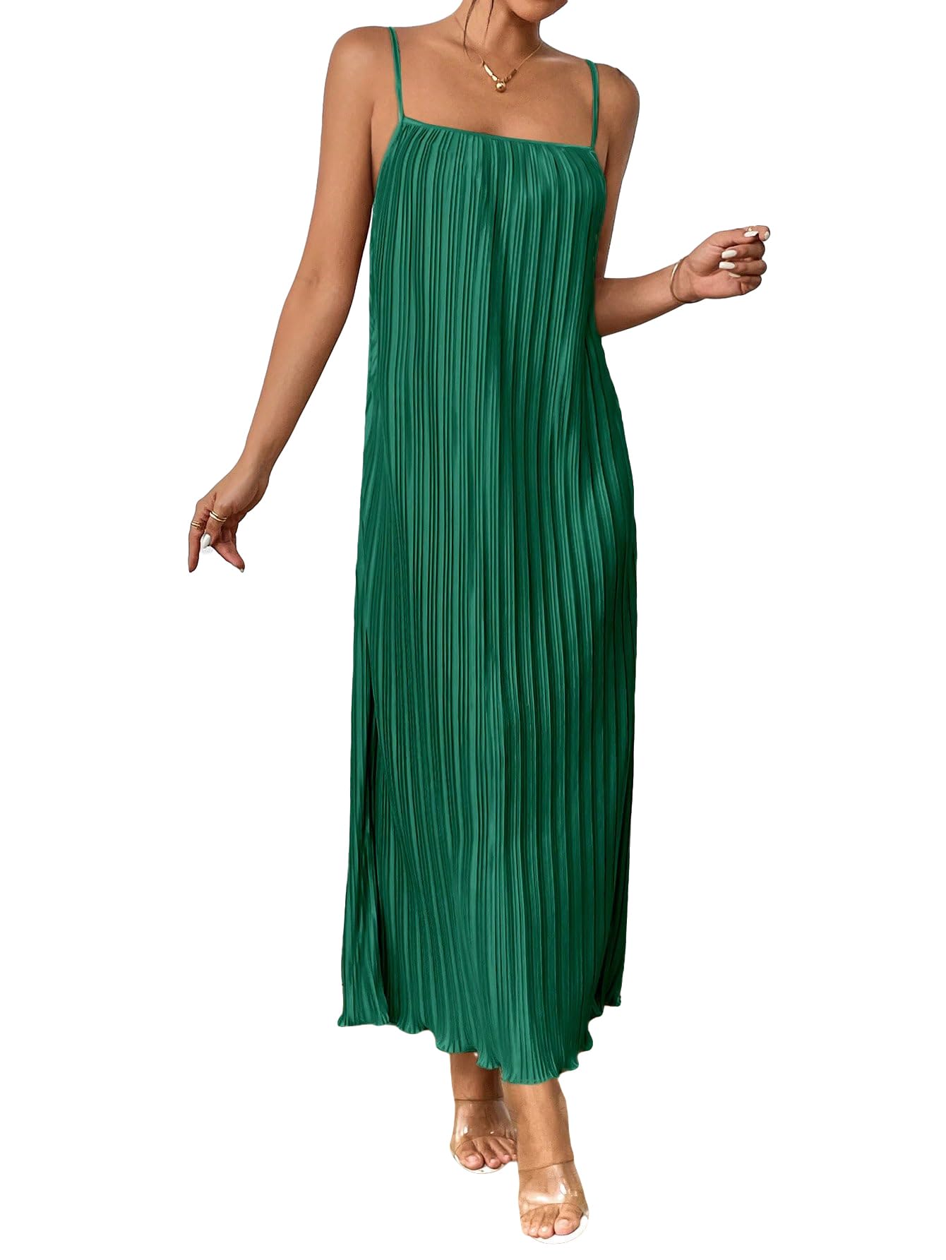 OYOANGLE Women's Sleeveless Spaghetti Strap Pleated Straight Flowy Long Maxi Cami Dress